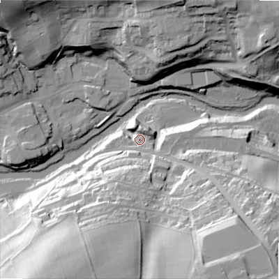 Shaded relief map of the ground around NE657QJ, computed from Environment Agency LiDAR. The ground here sits at about 85 m above sea level and falls 62 m across the surrounding 800 m. Surface water reaching this point runs off ground lying to the south-south-west, 54.8 m higher.