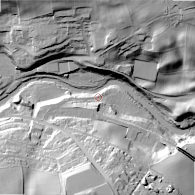Shaded relief map of the ground around NE657QL, computed from Environment Agency LiDAR. The ground here sits at about 78 m above sea level and falls 60 m across the surrounding 800 m. Surface water reaching this point runs off ground lying to the south, 45.8 m higher.