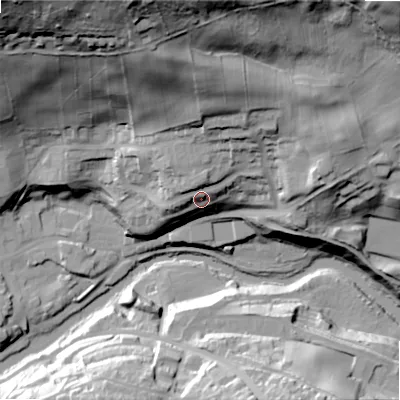 Shaded relief map of the ground around NE657QN, computed from Environment Agency LiDAR. The ground here sits at about 96 m above sea level and falls 84 m across the surrounding 800 m. Surface water reaching this point runs off ground lying to the north, 4.0 m higher.