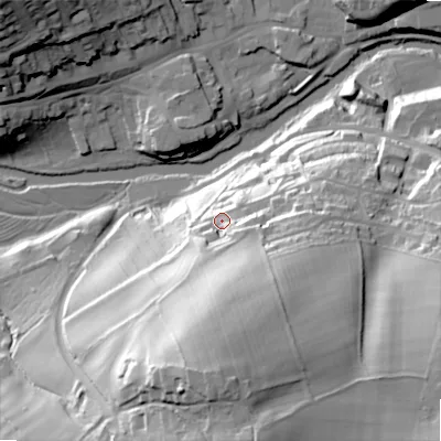 Shaded relief map of the ground around NE657QR, computed from Environment Agency LiDAR. The ground here sits at about 100 m above sea level and falls 69 m across the surrounding 800 m. Surface water reaching this point runs off ground lying to the south, 44.9 m higher.