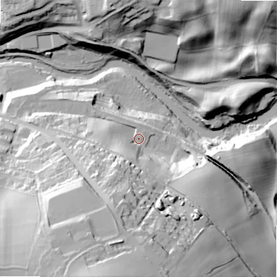 Shaded relief map of the ground around NE657RZ, computed from Environment Agency LiDAR. The ground here sits at about 90 m above sea level and falls 71 m across the surrounding 800 m. Surface water reaching this point runs off ground lying to the south-south-west, 34.2 m higher.