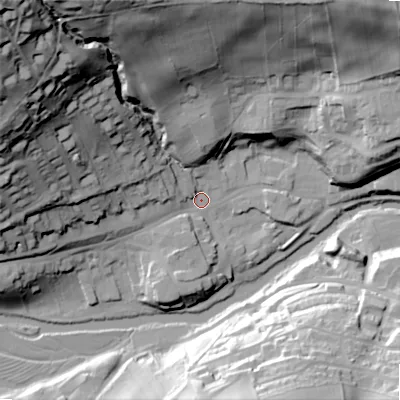 Shaded relief map of the ground around NE657SS, computed from Environment Agency LiDAR. The ground here sits at about 79 m above sea level and falls 88 m across the surrounding 800 m. Surface water reaching this point runs off ground lying to the north-west, 81.9 m higher.