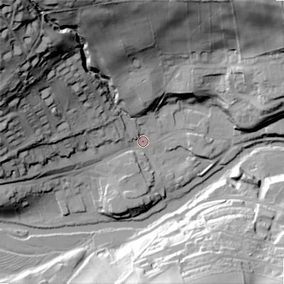 Shaded relief map of the ground around NE657ST, computed from Environment Agency LiDAR. The ground here sits at about 79 m above sea level and falls 87 m across the surrounding 800 m. Surface water reaching this point runs off ground lying to the north-west, 81.6 m higher.