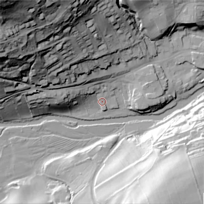 Shaded relief map of the ground around NE657TW, computed from Environment Agency LiDAR. The ground here sits at about 79 m above sea level and falls 101 m across the surrounding 800 m. Surface water reaching this point runs off ground lying to the west, 18.5 m higher.