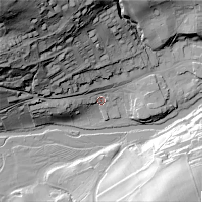 Shaded relief map of the ground around NE657UD, computed from Environment Agency LiDAR. The ground here sits at about 80 m above sea level and falls 108 m across the surrounding 800 m. Surface water reaching this point runs off ground lying to the north-west, 103.4 m higher.