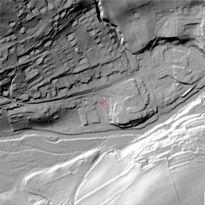 Shaded relief map of the ground around NE657UJ, computed from Environment Agency LiDAR. The ground here sits at about 80 m above sea level and falls 96 m across the surrounding 800 m. Surface water reaching this point runs off ground lying to the north-west, 89.9 m higher.