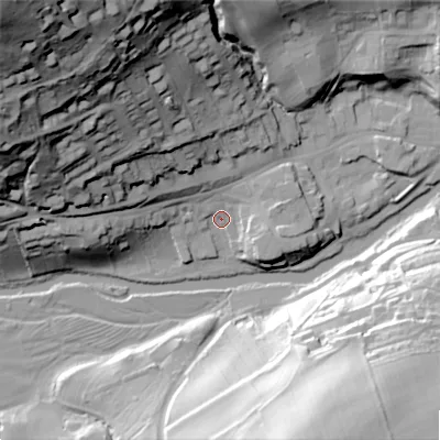 Shaded relief map of the ground around NE657UQ, computed from Environment Agency LiDAR. The ground here sits at about 79 m above sea level and falls 95 m across the surrounding 800 m. Surface water reaching this point runs off ground lying to the north-west, 86.3 m higher.