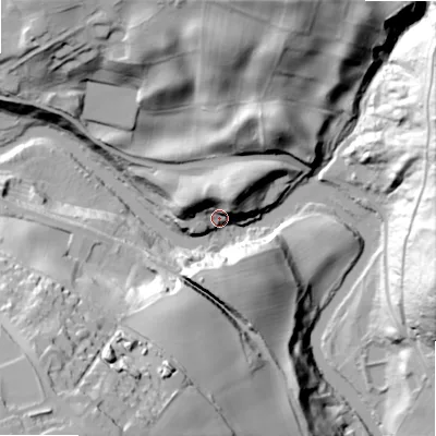 Shaded relief map of the ground around NE657XH, computed from Environment Agency LiDAR. The ground here sits at about 75 m above sea level and falls 67 m across the surrounding 800 m. Surface water reaching this point runs off ground lying to the north-north-east, 22.9 m higher.