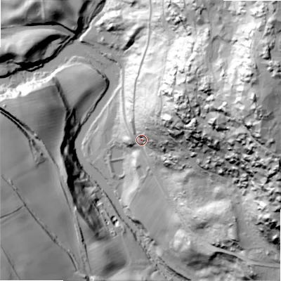 Shaded relief map of the ground around NE657XJ, computed from Environment Agency LiDAR. The ground here sits at about 84 m above sea level and falls 140 m across the surrounding 800 m. Surface water reaching this point runs off ground lying to the north-east, 60.4 m higher.