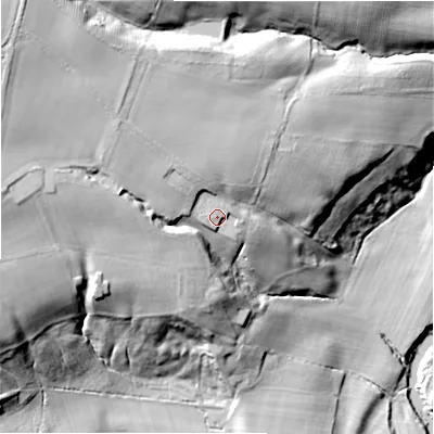 Shaded relief map of the ground around NE658AY, computed from Environment Agency LiDAR. The ground here sits at about 73 m above sea level and falls 50 m across the surrounding 800 m. Surface water reaching this point runs off ground lying to the west, 2.2 m higher.