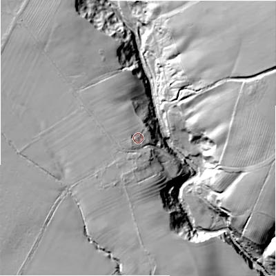 Shaded relief map of the ground around NE658EQ, computed from Environment Agency LiDAR. The ground here sits at about 116 m above sea level and falls 58 m across the surrounding 800 m. Surface water reaching this point runs off ground lying to the west, 4.4 m higher.