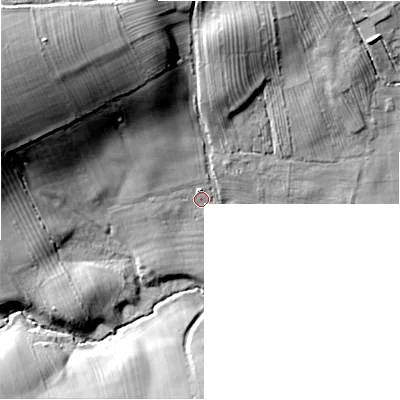 Shaded relief map of the ground around NE658QH, computed from Environment Agency LiDAR. The ground here sits at about 114 m above sea level and falls 40 m across the surrounding 800 m. Surface water reaching this point runs off ground lying to the north-west, 31.8 m higher.