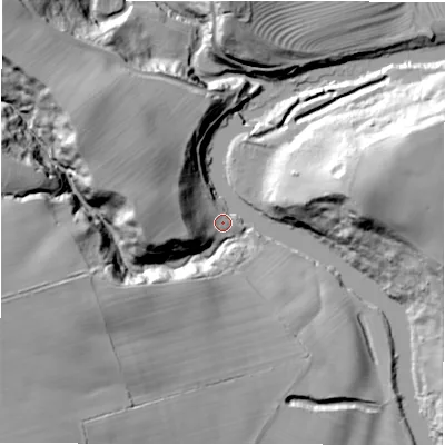 Shaded relief map of the ground around NE659AD, computed from Environment Agency LiDAR. The ground here sits at about 25 m above sea level and falls 40 m across the surrounding 800 m. Surface water reaching this point runs off ground lying to the east-north-east, 34.3 m higher.
