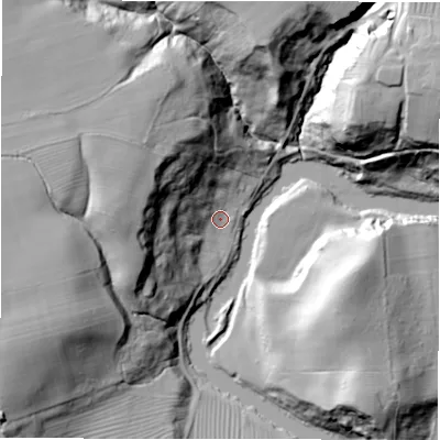 Shaded relief map of the ground around NE659AF, computed from Environment Agency LiDAR. The ground here sits at about 20 m above sea level and falls 47 m across the surrounding 800 m. Surface water reaching this point runs off ground lying to the west-north-west, 39.2 m higher.