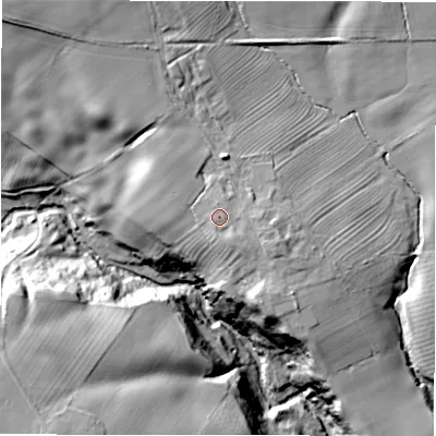 Shaded relief map of the ground around NE659AT, computed from Environment Agency LiDAR. The ground here sits at about 81 m above sea level and falls 45 m across the surrounding 800 m. Surface water reaching this point runs off ground lying to the south-south-east, 1.5 m higher.