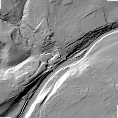 Shaded relief map of the ground around NE659EA, computed from Environment Agency LiDAR. The ground here sits at about 36 m above sea level and falls 32 m across the surrounding 800 m. Surface water reaching this point runs off ground lying to the north-north-west, 19.4 m higher.