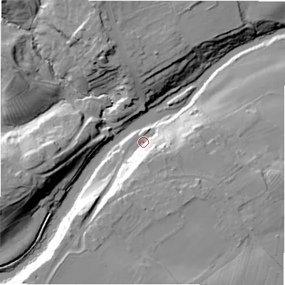 Shaded relief map of the ground around NE659ED, computed from Environment Agency LiDAR. The ground here sits at about 33 m above sea level and falls 33 m across the surrounding 800 m. Surface water reaching this point runs off ground lying to the south-south-west, 22.3 m higher.