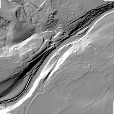 Shaded relief map of the ground around NE659EE, computed from Environment Agency LiDAR. The ground here sits at about 33 m above sea level and falls 33 m across the surrounding 800 m. Surface water reaching this point runs off ground lying to the south-south-west, 28.8 m higher.