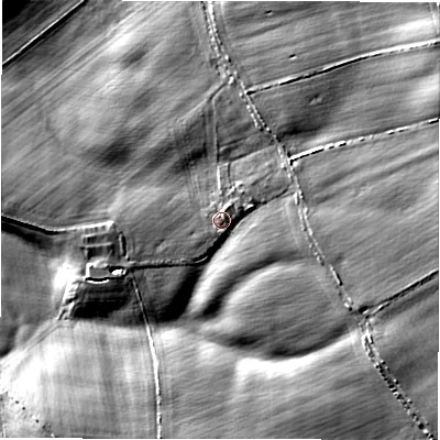 Shaded relief map of the ground around NE659EL, computed from Environment Agency LiDAR. The ground here sits at about 47 m above sea level and falls 15 m across the surrounding 800 m. Surface water reaching this point runs off ground lying to the north-north-east, 0.6 m higher.