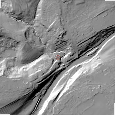 Shaded relief map of the ground around NE659FF, computed from Environment Agency LiDAR. The ground here sits at about 33 m above sea level and falls 33 m across the surrounding 800 m. Surface water reaching this point runs off ground lying to the south-west, 27.5 m higher.