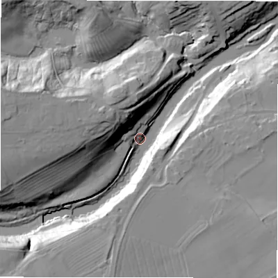 Shaded relief map of the ground around NE659HL, computed from Environment Agency LiDAR. The ground here sits at about 31 m above sea level and falls 34 m across the surrounding 800 m. Surface water reaching this point runs off ground lying to the west-north-west, 32.6 m higher.