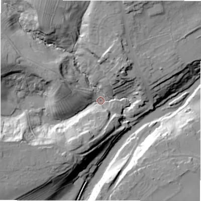 Shaded relief map of the ground around NE659HR, computed from Environment Agency LiDAR. The ground here sits at about 31 m above sea level and falls 34 m across the surrounding 800 m. Surface water reaching this point runs off ground lying to the west-south-west, 30.6 m higher.