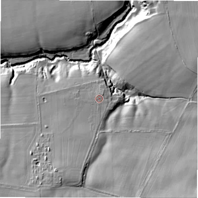 Shaded relief map of the ground around NE659QH, computed from Environment Agency LiDAR. The ground here sits at about 58 m above sea level and falls 31 m across the surrounding 800 m. Surface water reaching this point runs off ground lying to the south-south-west, 11.8 m higher.