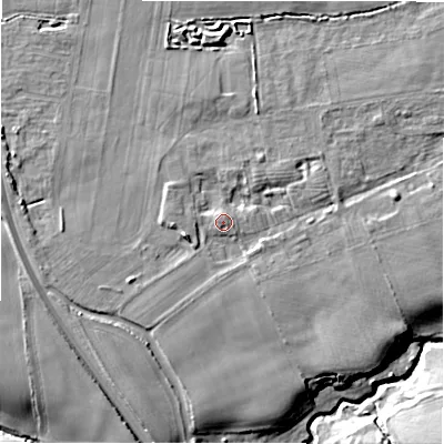 Shaded relief map of the ground around NE659QJ, computed from Environment Agency LiDAR. The ground here sits at about 60 m above sea level and falls 14 m across the surrounding 800 m. Surface water reaching this point runs off ground lying to the west, 0.9 m higher.