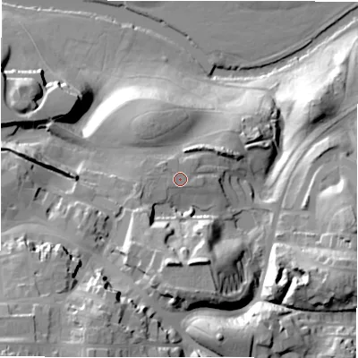 Shaded relief map of the ground around NE661FJ, computed from Environment Agency LiDAR. The ground here sits at about 52 m above sea level and falls 53 m across the surrounding 800 m. The ground contributing surface water to this point lies to the west-south-west.