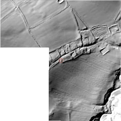 Shaded relief map of the ground around NE662BL, computed from Environment Agency LiDAR. The ground here sits at about 131 m above sea level and falls 78 m across the surrounding 800 m. Surface water reaching this point runs off ground lying to the west, 11.3 m higher.