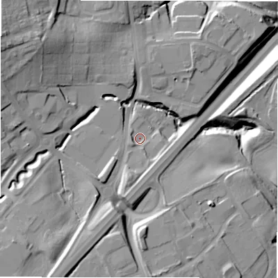Shaded relief map of the ground around NE662HA, computed from Environment Agency LiDAR. The ground here sits at about 60 m above sea level and falls 25 m across the surrounding 800 m. Surface water reaching this point runs off ground lying to the south-south-west, 12.7 m higher.