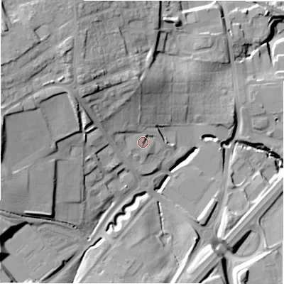 Shaded relief map of the ground around NE662JH, computed from Environment Agency LiDAR. The ground here sits at about 65 m above sea level and falls 25 m across the surrounding 800 m. Surface water reaching this point runs off ground lying to the north-west, 12.1 m higher.
