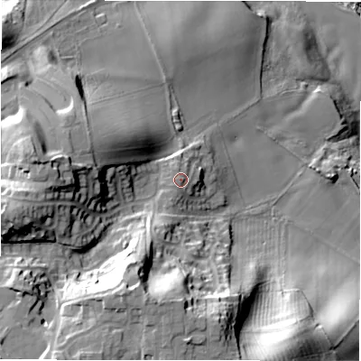 Shaded relief map of the ground around NE662QP, computed from Environment Agency LiDAR. The ground here sits at about 42 m above sea level and falls 48 m across the surrounding 800 m. Surface water reaching this point runs off ground lying to the south-south-west, 1.9 m higher.