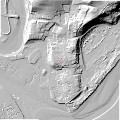 Shaded relief map of the ground around NE662RH, computed from Environment Agency LiDAR. The ground here sits at about 14 m above sea level and falls 48 m across the surrounding 800 m. Surface water reaching this point runs off ground lying to the west-south-west, 2.4 m higher.
