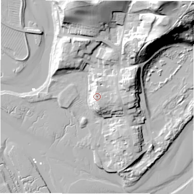 Shaded relief map of the ground around NE662RQ, computed from Environment Agency LiDAR. The ground here sits at about 14 m above sea level and falls 48 m across the surrounding 800 m. Surface water reaching this point runs off ground lying to the east, 3.2 m higher.