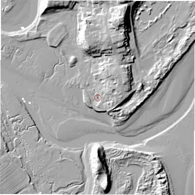 Shaded relief map of the ground around NE662SD, computed from Environment Agency LiDAR. The ground here sits at about 4 m above sea level and falls 23 m across the surrounding 800 m. Surface water reaching this point runs off ground lying to the east-north-east, 9.1 m higher.