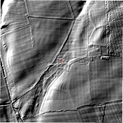 Shaded relief map of the ground around NE663AL, computed from Environment Agency LiDAR. The ground here sits at about 28 m above sea level and falls 15 m across the surrounding 800 m. Surface water reaching this point runs off ground lying to the north-west, 4.6 m higher.