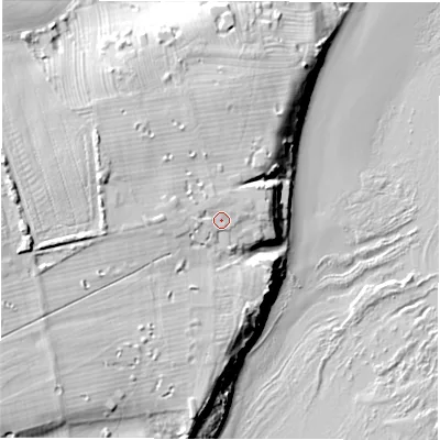 Shaded relief map of the ground around NE663BE, computed from Environment Agency LiDAR. The ground here sits at about 17 m above sea level and falls 30 m across the surrounding 800 m. Surface water reaching this point runs off ground lying to the west, 2.3 m higher.