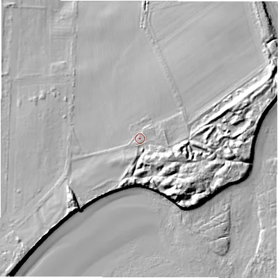 Shaded relief map of the ground around NE663BH, computed from Environment Agency LiDAR. The ground here sits at about 9 m above sea level and falls 18 m across the surrounding 800 m. Surface water reaching this point runs off ground lying to the south-south-east, 1.4 m higher.