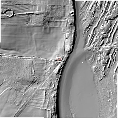 Shaded relief map of the ground around NE663BU, computed from Environment Agency LiDAR. The ground here sits at about 5 m above sea level and falls 16 m across the surrounding 800 m. Surface water reaching this point runs off ground lying to the south, 2.2 m higher.