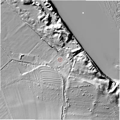 Shaded relief map of the ground around NE663DF, computed from Environment Agency LiDAR. The ground here sits at about 6 m above sea level and falls 20 m across the surrounding 800 m. Surface water reaching this point runs off ground lying to the south-south-east, 2.3 m higher.