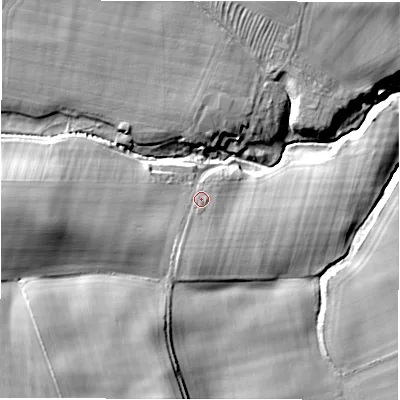 Shaded relief map of the ground around NE663DP, computed from Environment Agency LiDAR. The ground here sits at about 46 m above sea level and falls 27 m across the surrounding 800 m. Surface water reaching this point runs off ground lying to the south-south-west, 4.0 m higher.