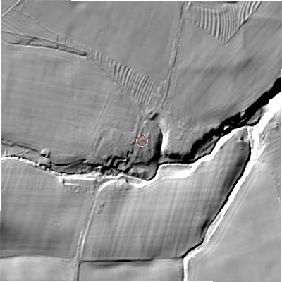 Shaded relief map of the ground around NE663DR, computed from Environment Agency LiDAR. The ground here sits at about 44 m above sea level and falls 27 m across the surrounding 800 m. Surface water reaching this point runs off ground lying to the west, 2.7 m higher.