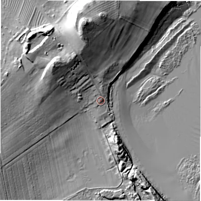 Shaded relief map of the ground around NE663EL, computed from Environment Agency LiDAR. The ground here sits at about 8 m above sea level and falls 37 m across the surrounding 800 m. Surface water reaching this point runs off ground lying to the north-north-west, 20.1 m higher.