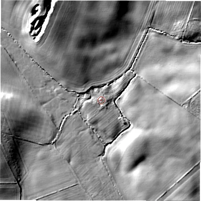 Shaded relief map of the ground around NE663HA, computed from Environment Agency LiDAR. The ground here sits at about 60 m above sea level and falls 19 m across the surrounding 800 m. Surface water reaching this point runs off ground lying to the south-west, 2.2 m higher.