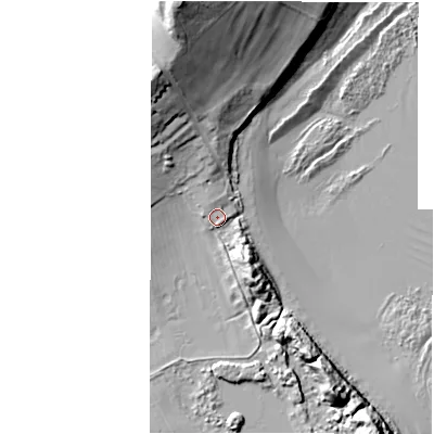 Shaded relief map of the ground around NE663HJ, computed from Environment Agency LiDAR. The ground here sits at about 6 m above sea level and falls 37 m across the surrounding 800 m. Surface water reaching this point runs off ground lying to the south-south-east, 5.9 m higher.