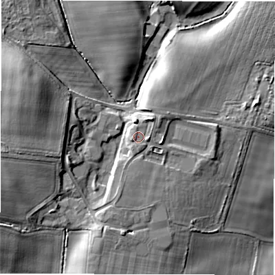 Shaded relief map of the ground around NE663JF, computed from Environment Agency LiDAR. The ground here sits at about 23 m above sea level and falls 16 m across the surrounding 800 m. Surface water reaching this point runs off ground lying to the north-east, 1.8 m higher.