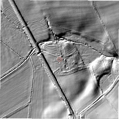 Shaded relief map of the ground around NE663LL, computed from Environment Agency LiDAR. The ground here sits at about 56 m above sea level and falls 17 m across the surrounding 800 m. Surface water reaching this point runs off ground lying to the south-west, 1.3 m higher.