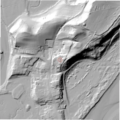 Shaded relief map of the ground around NE663NJ, computed from Environment Agency LiDAR. The ground here sits at about 27 m above sea level and falls 50 m across the surrounding 800 m. Surface water reaching this point runs off ground lying to the east-north-east, 8.6 m higher.