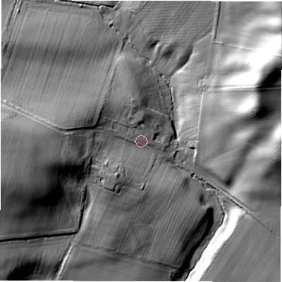 Shaded relief map of the ground around NE663PG, computed from Environment Agency LiDAR. The ground here sits at about 26 m above sea level and falls 47 m across the surrounding 800 m. Surface water reaching this point runs off ground lying to the west, 21.1 m higher.
